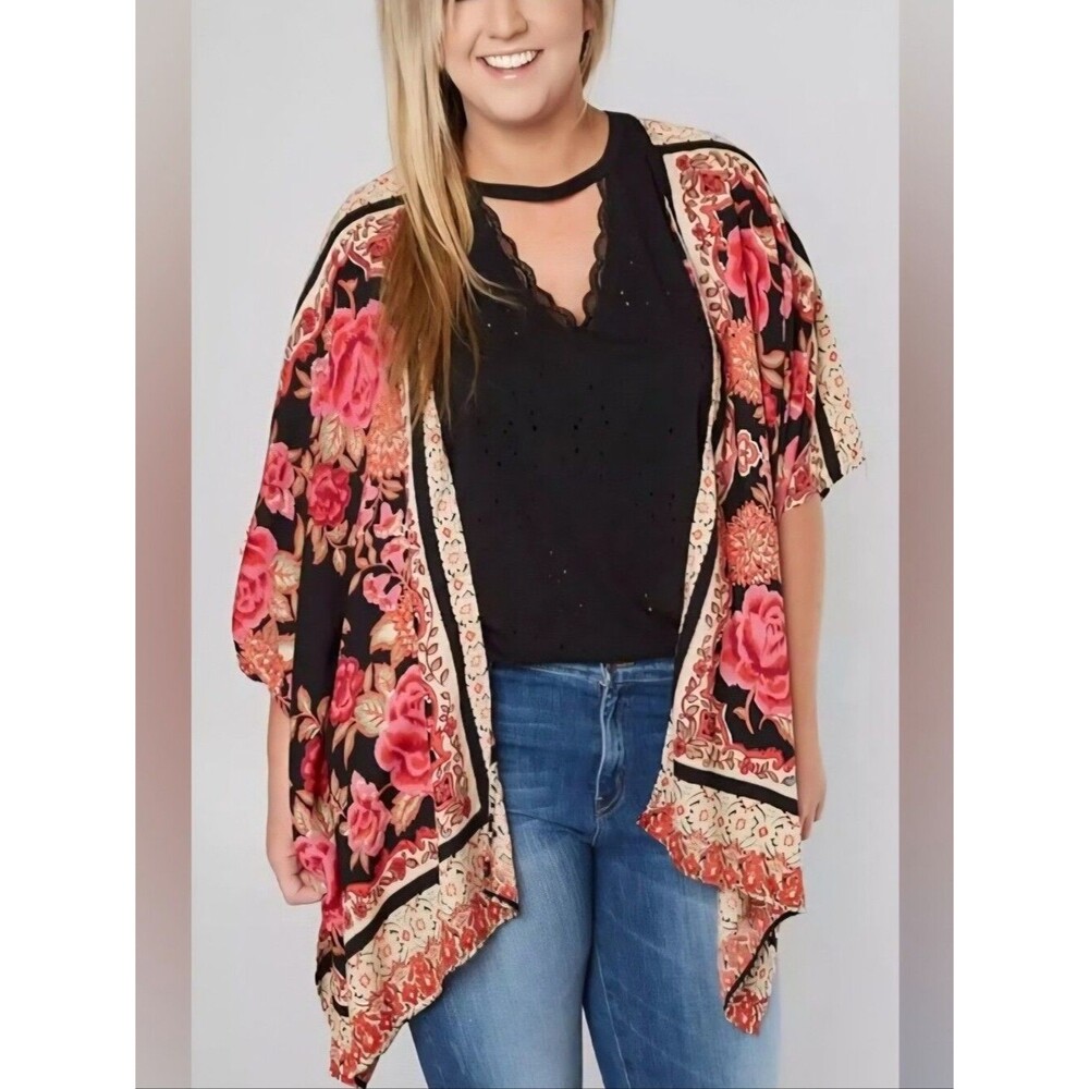 Angie Size Large Boho Print Floral Kimono Open Front Cardigan